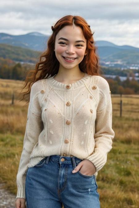 16013-2565957030-(close-up_0.6) picture of maimy, wearing jeans and polka_dot sweater,_smile, facing_viewer,_mountains, backlighting,_photorealis.jpg